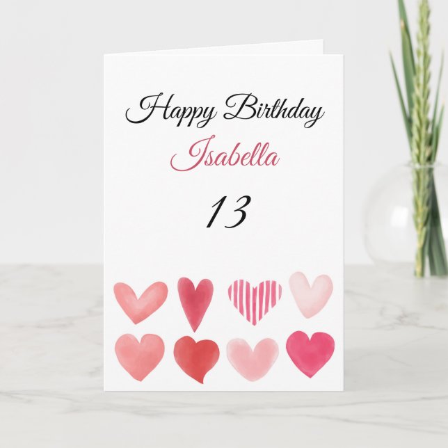 Cute Pink Diverse Watercolor Hearts 13th Birthday Card (Front)