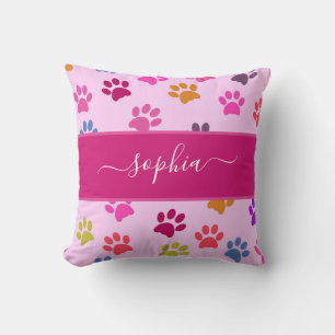 Cute Pink Dog and Cat Lovers Paw Prints Name Throw Pillow