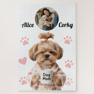 Cute Pink Dog Mom Photo Name Jigsaw Puzzle