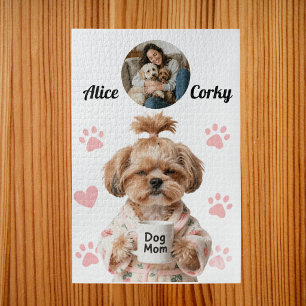 Cute Pink Dog Mom Photo Name Jigsaw Puzzle