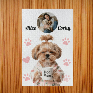 Cute Pink Dog Mom Photo Name Jigsaw Puzzle