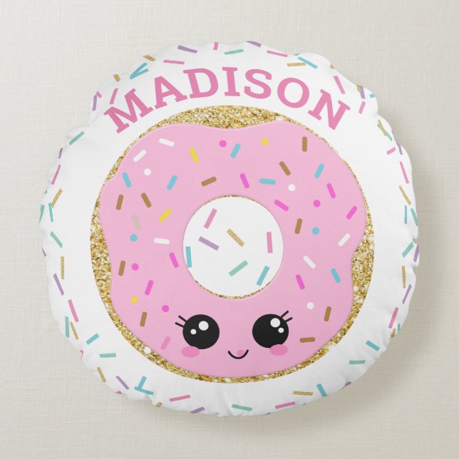 Cute Pink Donut Donut Girl Room Nursery Decor Round Pillow (Front)