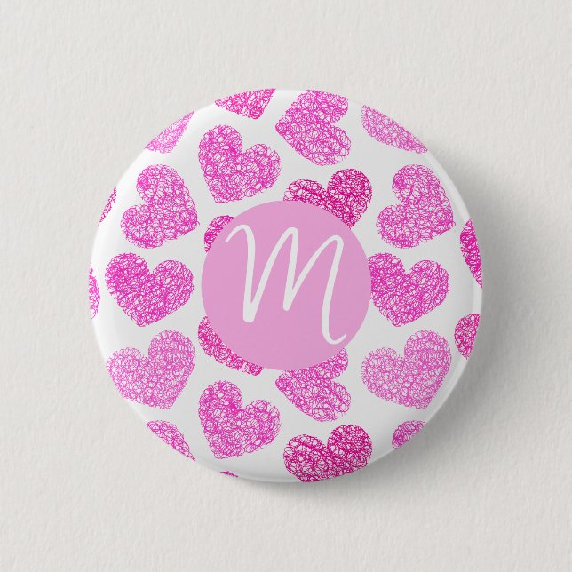 Cute Pink Doodled Heart Valentine's Day Monogram 2 Inch Round Button (Front)