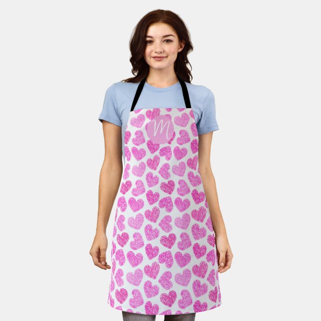 Cute Pink Doodled Heart Valentine's Day Monogram Apron (Worn)
