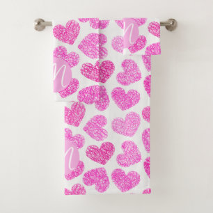 Cute Pink Doodled Heart Valentine's Day Monogram Bath Towel Set