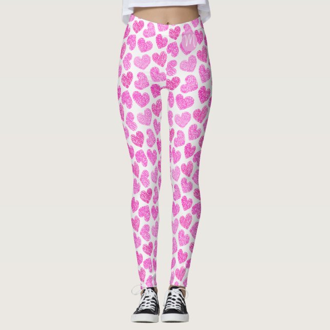 Cute Pink Doodled Heart Valentine's Day Monogram Leggings (Front)