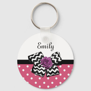 Cute Pink Dots Purple Rose Chevron Bow and Name Keychain
