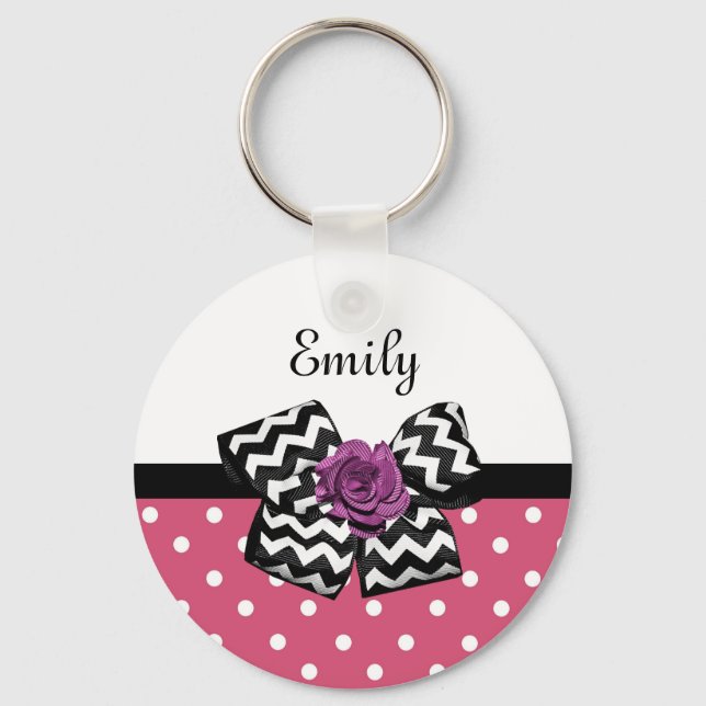 Cute Pink Dots Purple Rose Chevron Bow and Name Keychain (Front)