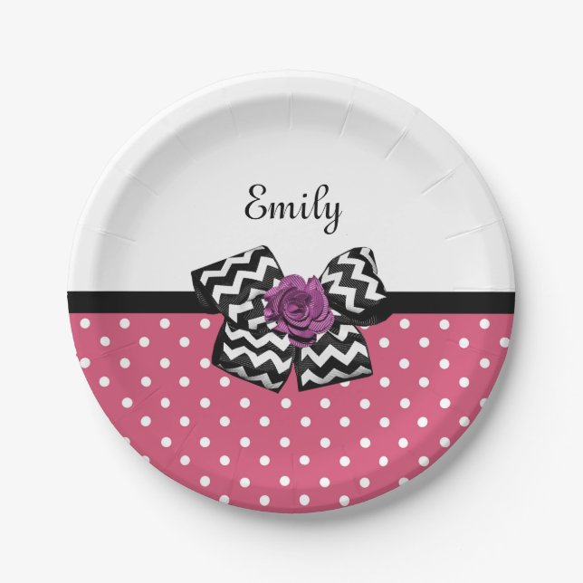 Cute Pink Dots Purple Rose Chevron Bow and Name Paper Plate (Front)
