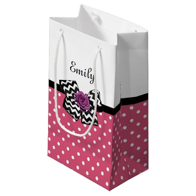Cute Pink Dots Purple Rose Chevron Bow and Name Small Gift Bag (Front Angled)