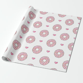 Cute Pink Doughnut and Hearts Pattern Wrapping Paper
