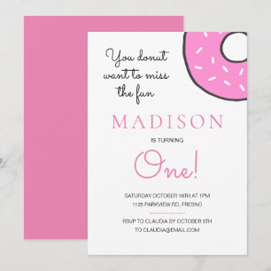 Cute Pink Doughnut Girl Turning One First Birthday Invitation