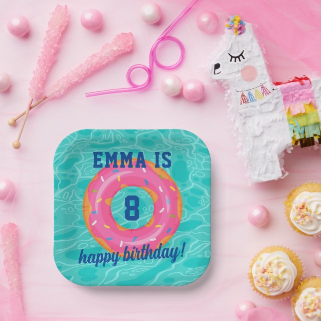 Cute Pink Doughnut Inner Tube Pool Party Birthday Paper Plate (Party)