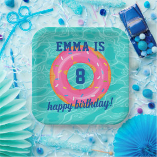 Cute Pink Doughnut Inner Tube Pool Party Birthday Paper Plate