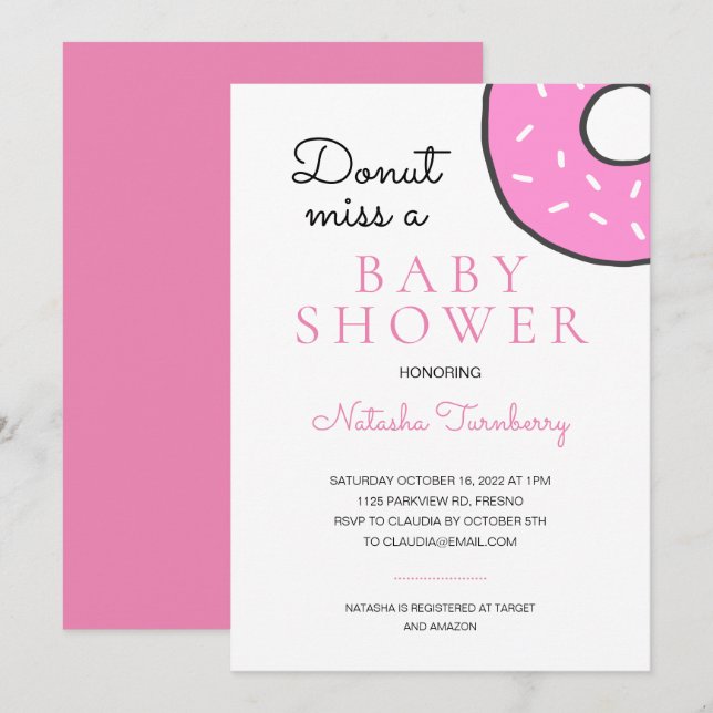 Cute Pink Doughnut Miss A Baby Shower Invitation (Front/Back)
