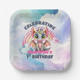 Cute Pink Dragon 1st Birthday Party Paper Plate
