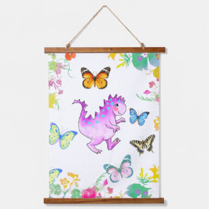 Cute pink dragon and flowers hanging tapestry