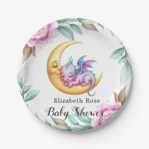 Cute Pink Dragon and Peony Girl Baby Shower Paper Plate