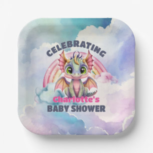 Cute Pink Dragon Baby Shower Party Paper Plate