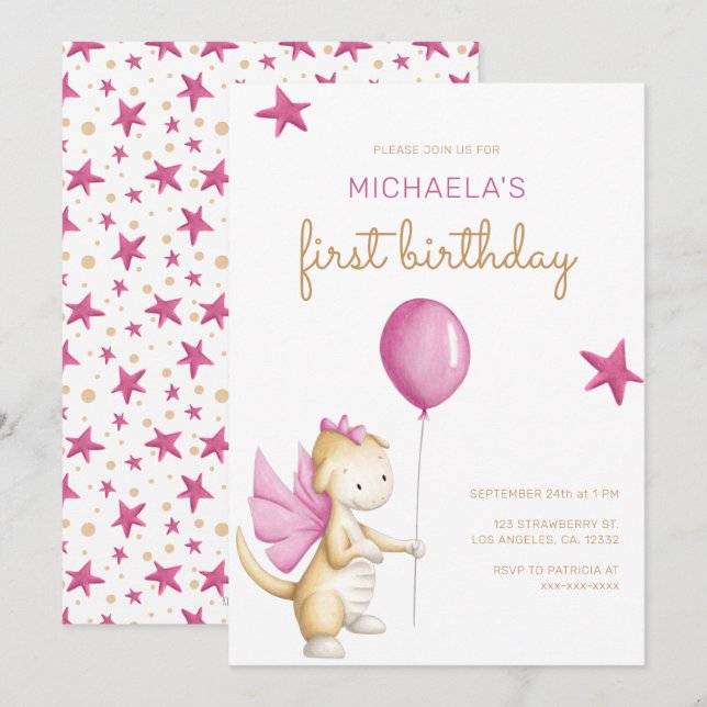 Cute Pink Dragon Girl First Birthday Invitation (Front/Back)