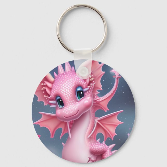 Cute Pink Dragon with Pink Flowers  Keychain (Front)