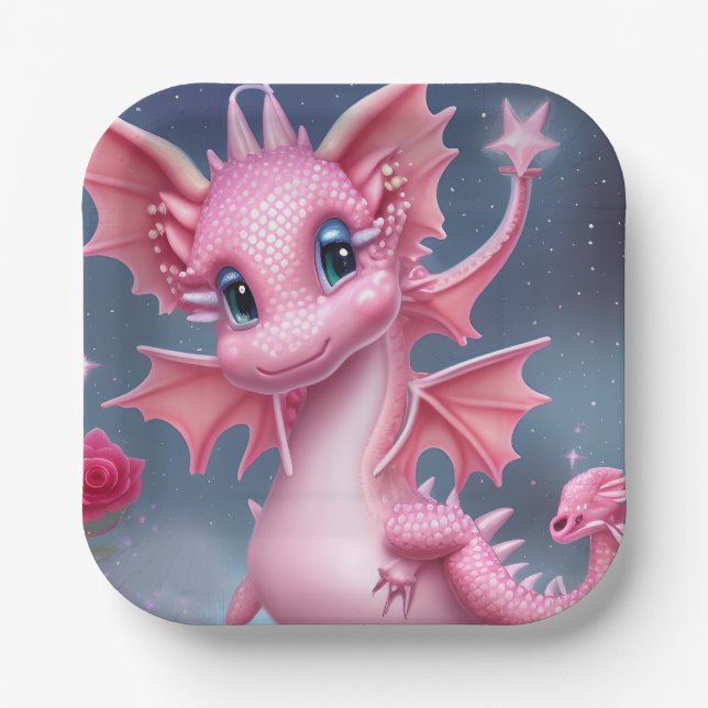 Cute Pink Dragon with Pink Flowers  Paper Plate (Front)