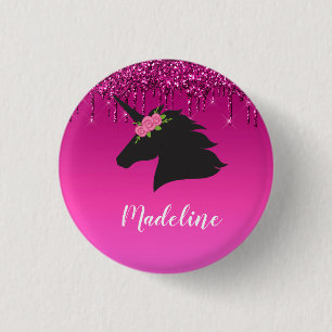 Cute Pink Dripping Glitter Personalized Unicorn 1 Inch Round Button