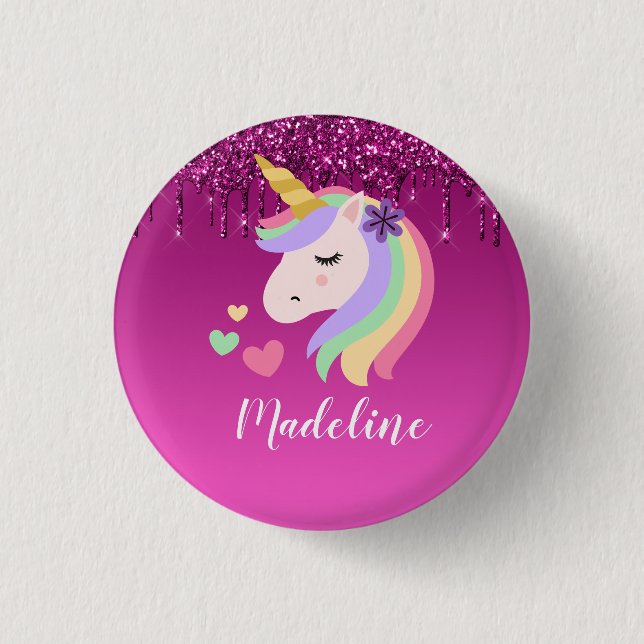 Cute Pink Dripping Glitter Personalized Unicorn 1 Inch Round Button (Front)