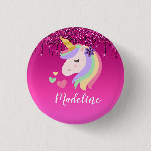 Cute Pink Dripping Glitter Personalized Unicorn 1 Inch Round Button