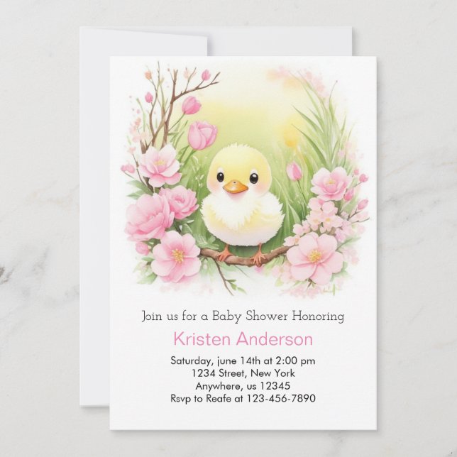Cute Pink Duckling Meadow Girl Baby Shower Invitation (Front)