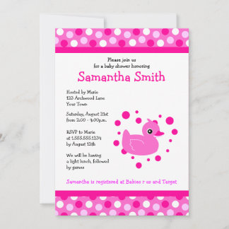 Cute Pink Ducky on Pink Dots Baby Shower Invite