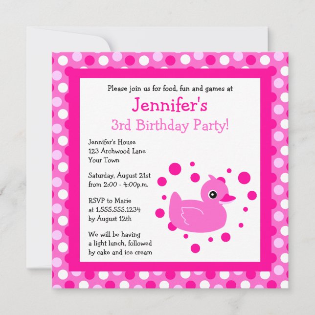 Cute Pink Ducky with Polka Dots Birthday Invite (Front)