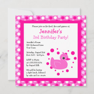 Cute Pink Ducky with Polka Dots Birthday Invite