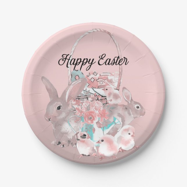 Cute Pink Easter Birthday Party Egg Hunt Paper Plate (Front)