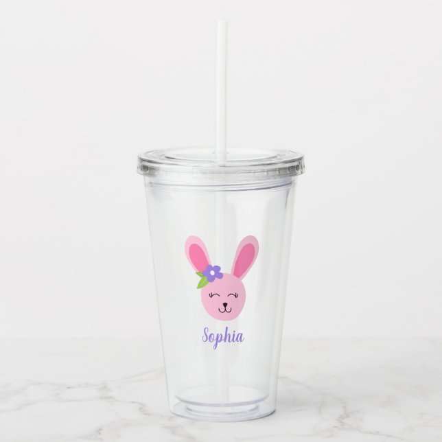 Cute Pink Easter Bunny Girl Personalized Acrylic Tumbler (Front)