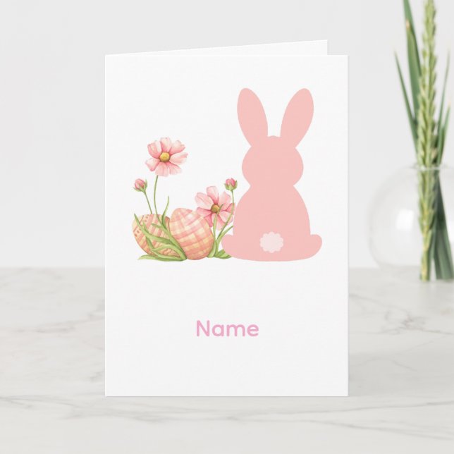 Cute Pink Easter Bunny with Spring Flowers  Card (Front)