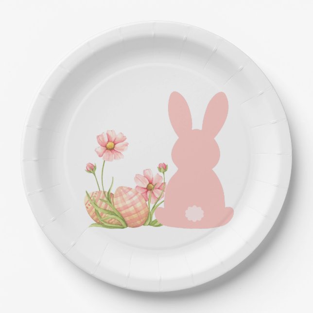 Cute Pink Easter Bunny with Spring Flowers  Paper Plate (Front)