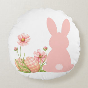Cute Pink Easter Bunny with Spring Flowers  Round Pillow
