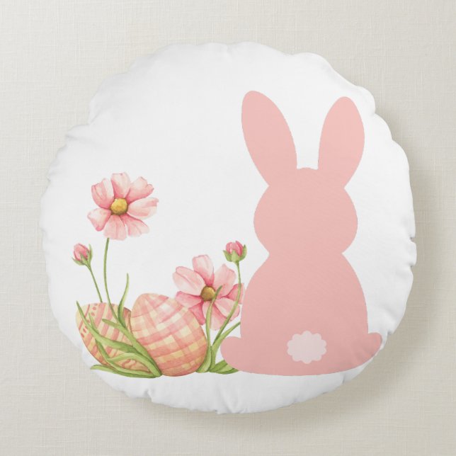 Cute Pink Easter Bunny with Spring Flowers  Round Pillow (Front)