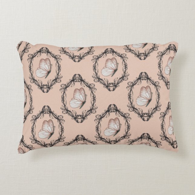 Cute Pink Elegant Butterfly Damask Pattern Accent Pillow (Front)