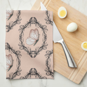 Cute Pink Elegant Butterfly Damask Pattern Kitchen Towel