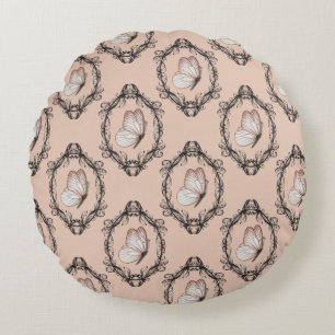 Cute Pink Elegant Butterfly Damask Pattern Round Pillow