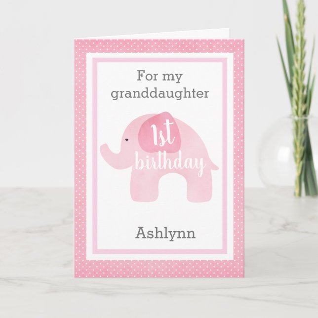 Cute Pink Elephant 1st Birthday Granddaughter Card (Front)