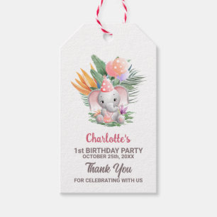 Cute Pink Elephant 1st Birthday Thank You Gift Tags