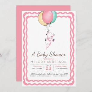 Cute Pink Elephant and Balloons Baby Shower Invitation