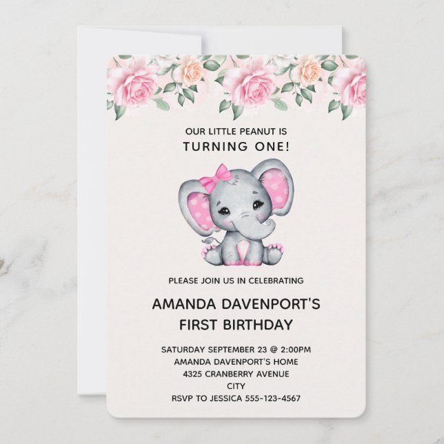 Cute Pink Elephant and Roses Border Birthday Invit Invitation (Front)