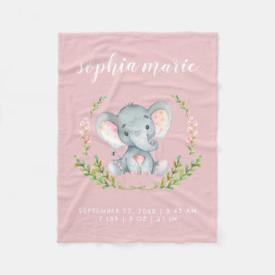Cute Pink Elephant Baby Girl Birth Stats Fleece Blanket