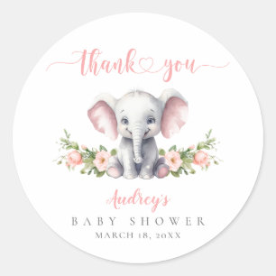 Cute Pink Elephant Baby Girl Shower Thank You Classic Round Sticker