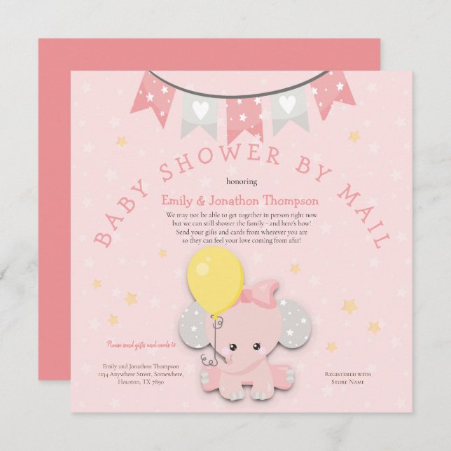 Cute Pink Elephant Baby Shower By Mail Invitation (Front/Back)