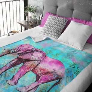 Cute Pink Elephant Blue Watercolor Personalized Fleece Blanket